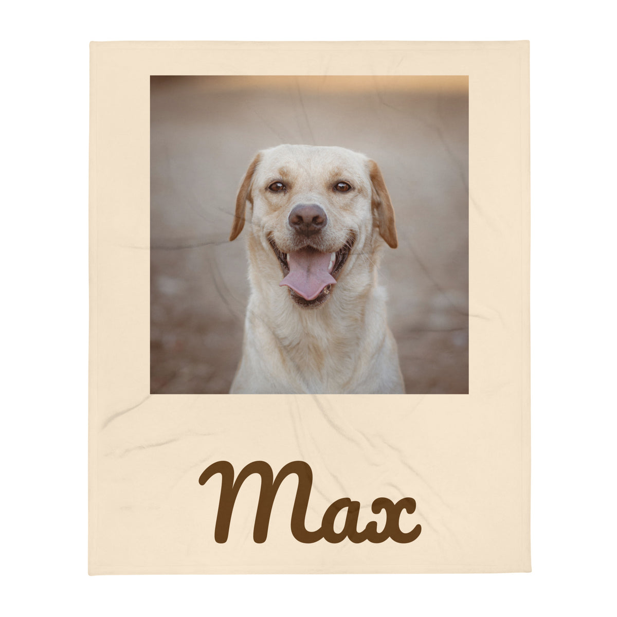 Custom dog blanket with a smiling Labrador photo and the name Max on a cream background