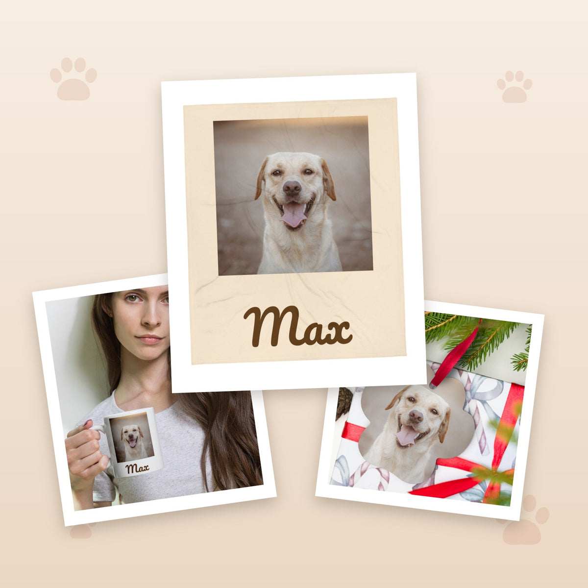 Custom dog photo blanket, mug and Christmas ornament gift set