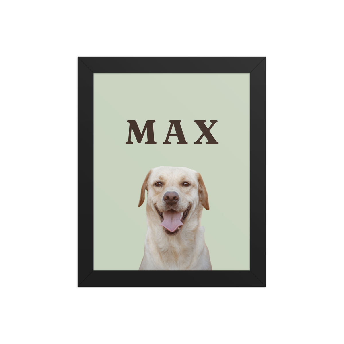Custom dog portrait 8x10 framed print in black frame with sage background and dog's name