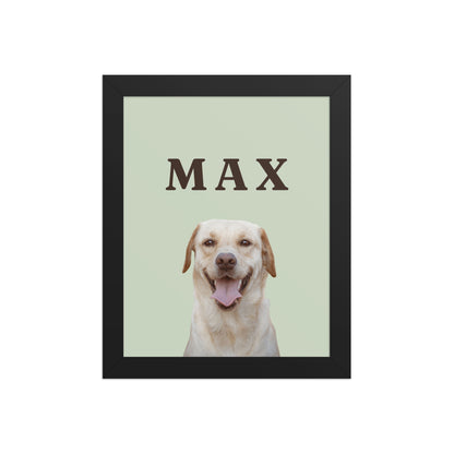 Custom dog portrait 8x10 framed print in black frame with sage background and dog's name