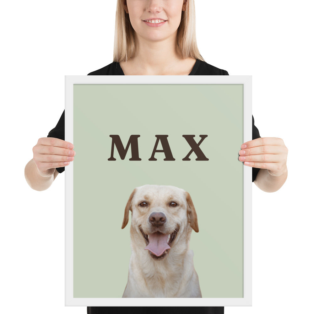 Woman holding a 16x20 custom pet portrait in a white frame