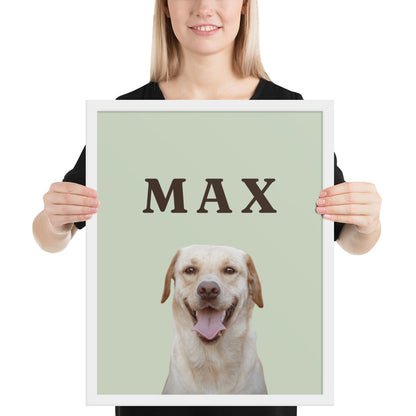 Woman holding a 16x20 custom pet portrait in a white frame