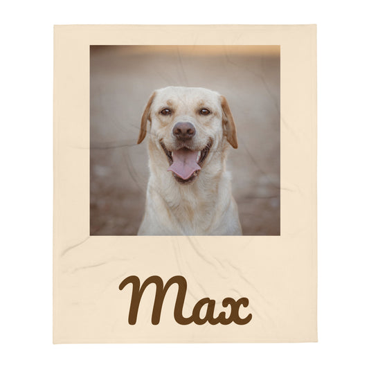 Custom dog blanket with a smiling Labrador photo and the name Max on a cream background